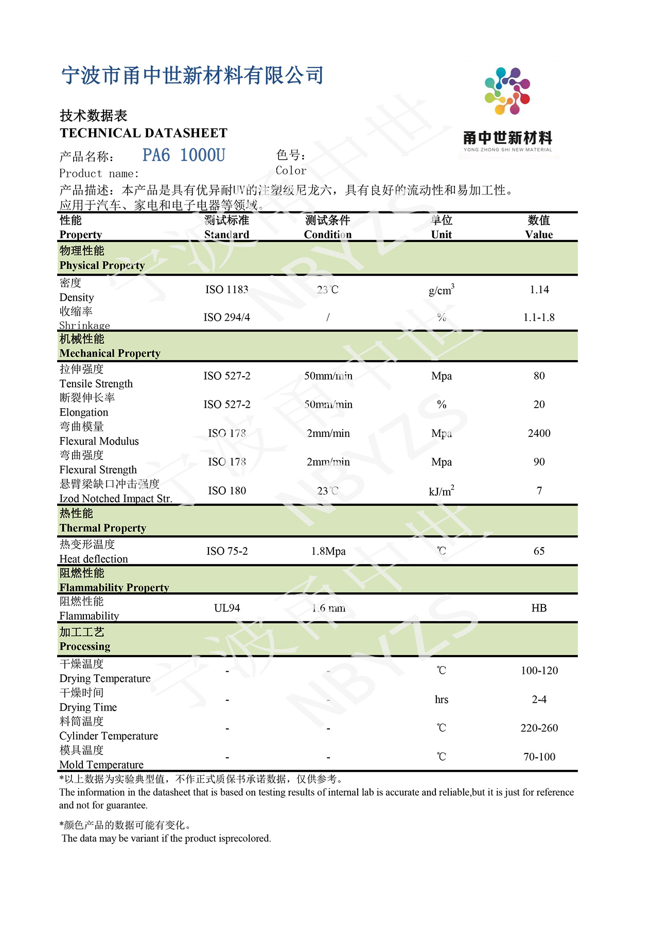 PA6 1000U技術數(shù)據(jù)表